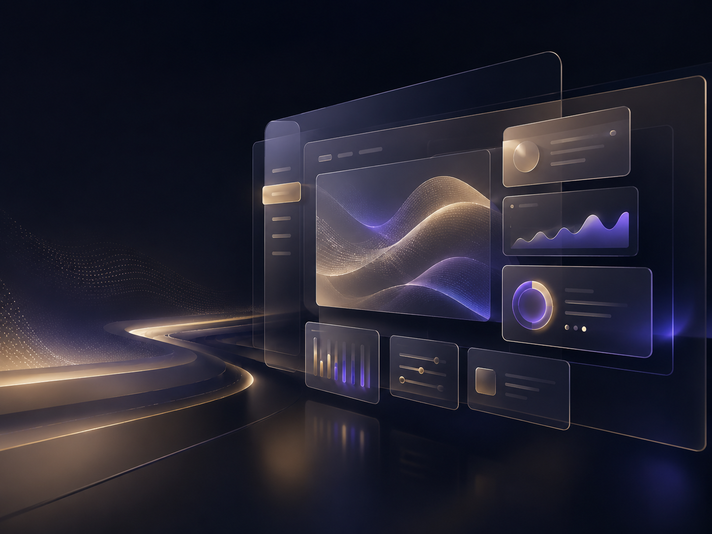 Glassmorphism dashboard showing website, AI and marketing systems